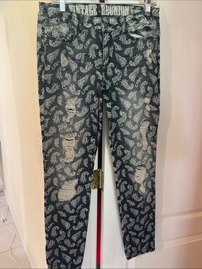 Vintage Reunion Ladies Blue Paisley Distressed Jeans